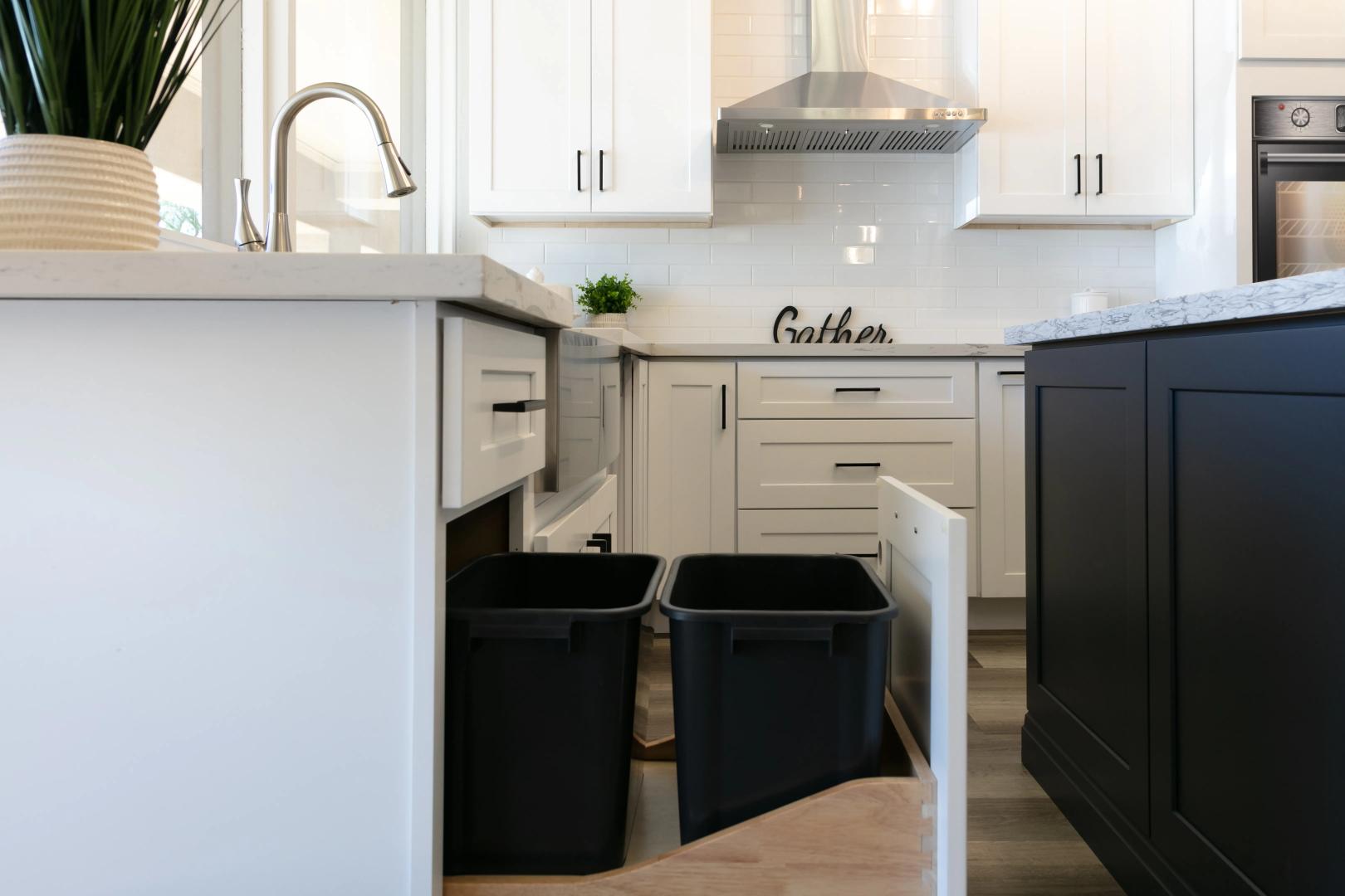 White Shaker Cabinets with Trash Pull Out